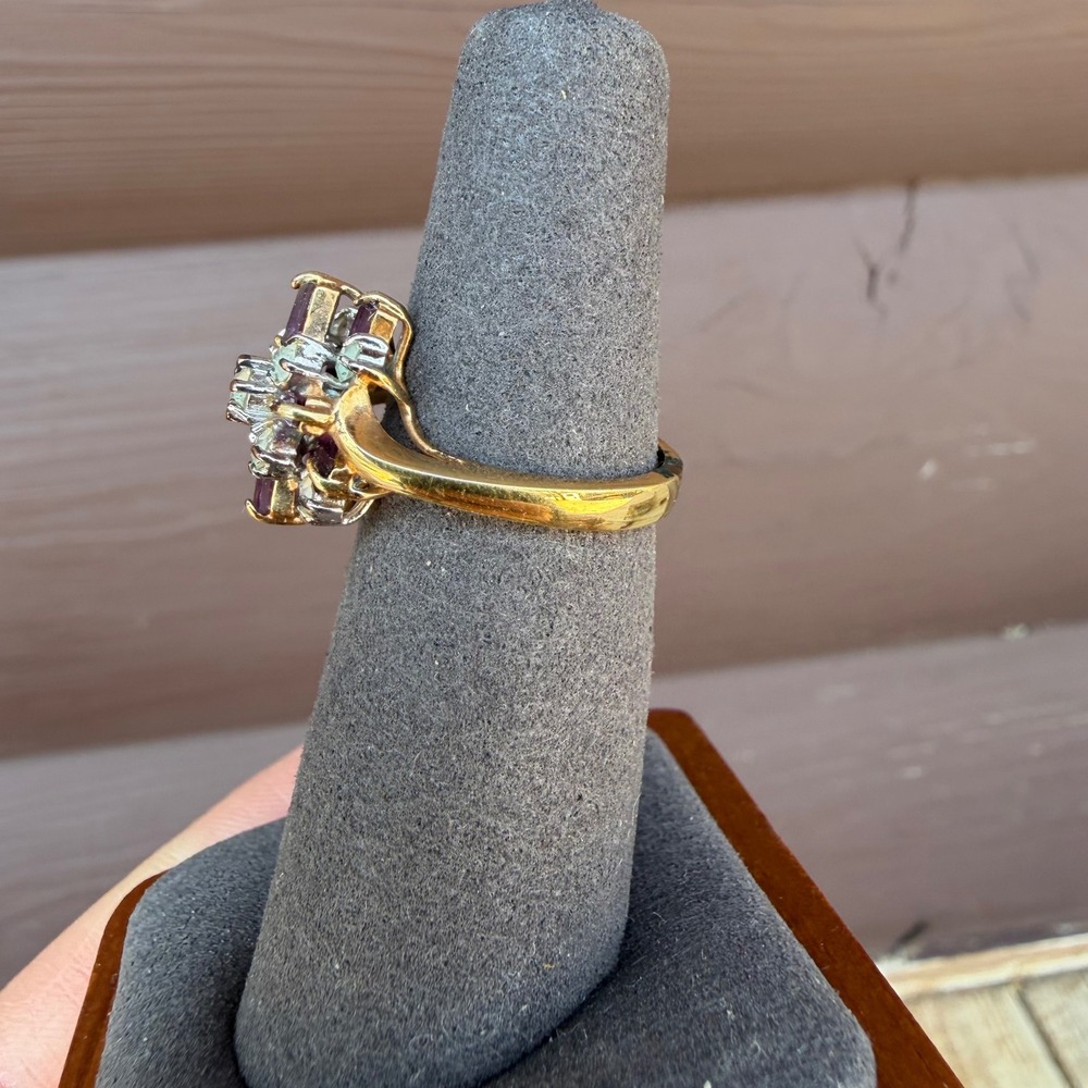 18KGE Cocktail Ring Women Size 6.25 Gold Purple Baguette Floral Cluster Vintage - Picture 4 of 10